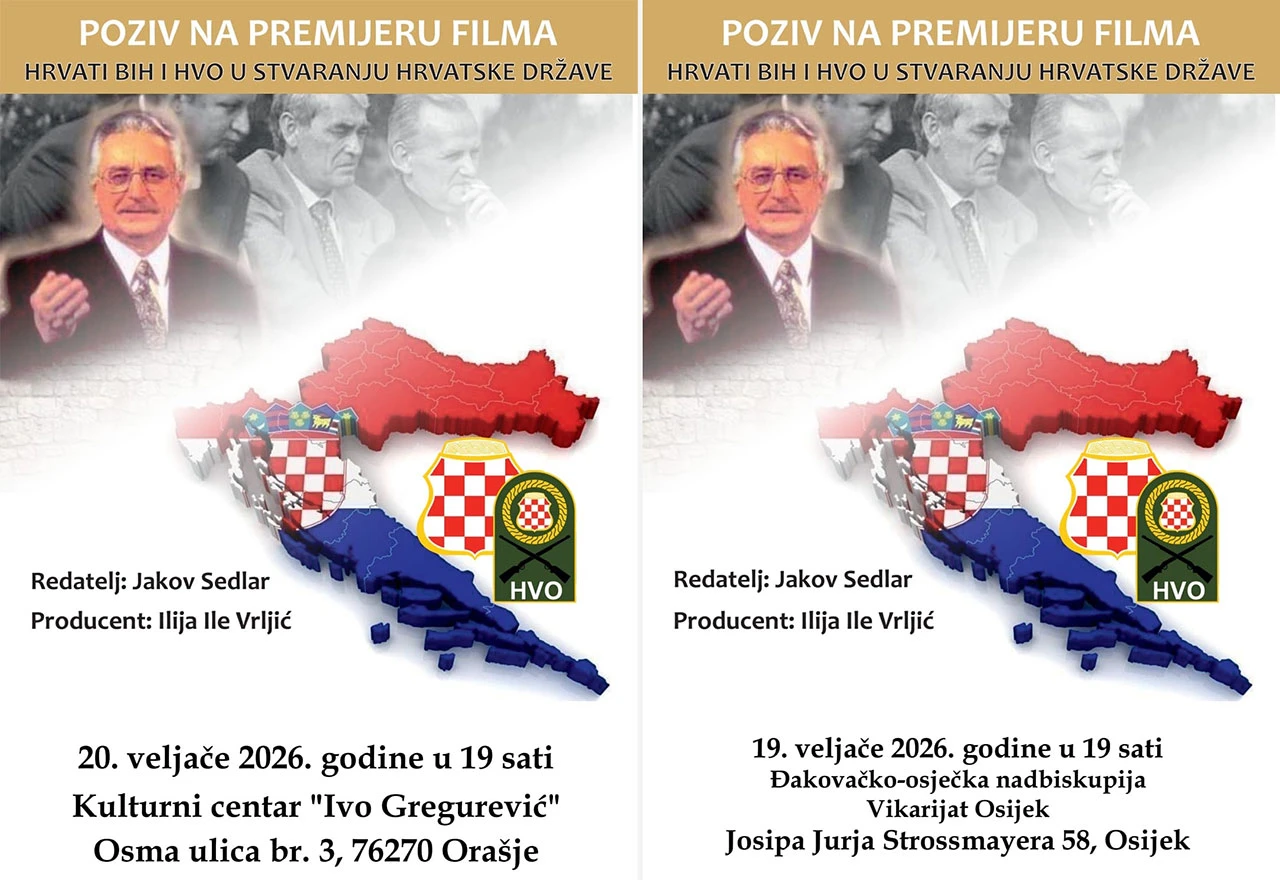 Premijera filma Hrvati BiH i HVO u stvaranju hrvatske države u Osijeku i Orašju
