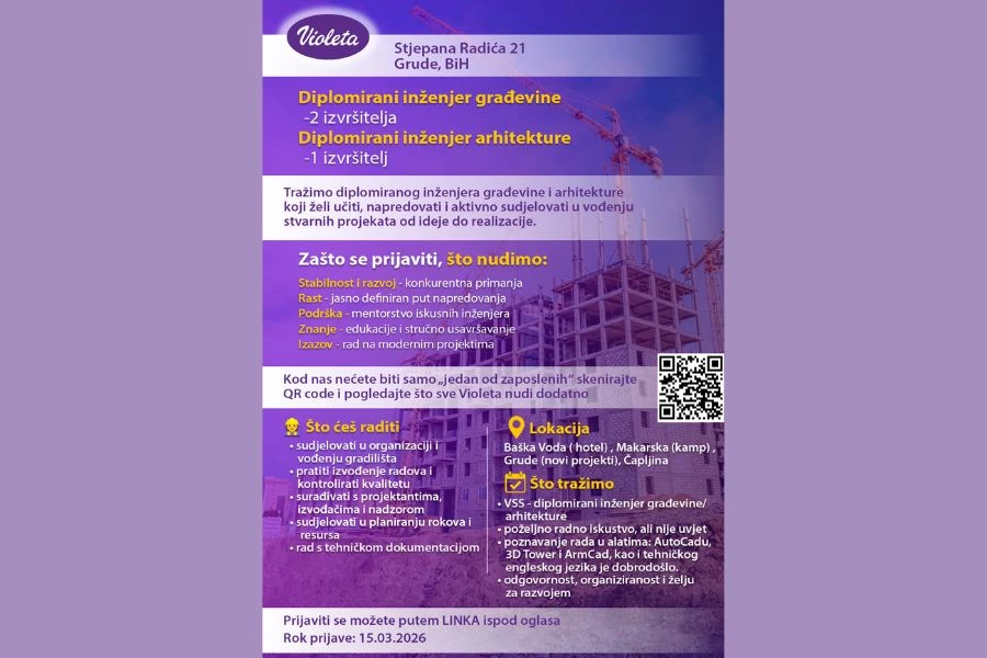 Violeta zapošljava diplomirane inženjere građevine i arhitekture