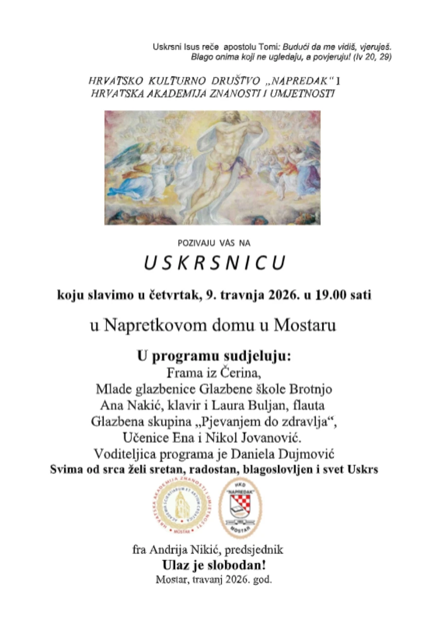 U četvrtak u Mostaru "Uskrsnica" uz glazbeni i duhovni program