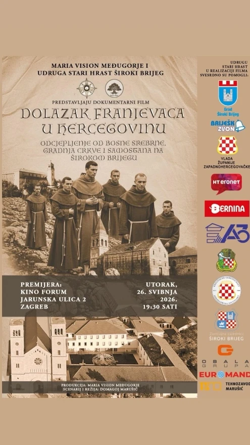 Zavičajna zajednica Široki Brijeg organizira premijeru filma "Dolazak fratara u Hercegovinu"