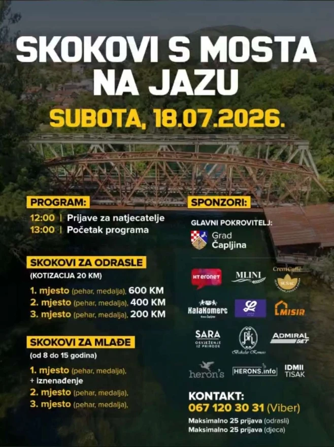 Čapljina dobiva novu ljetnu atrakciju: Prvi skokovi s mosta na Jazu donose nagrade i spektakl