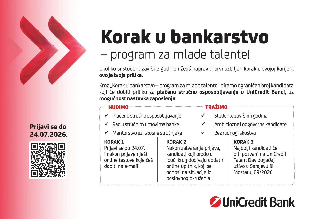 Napravi Korak u bankarstvo: Još 7 dana za prijavu u program za mlade talente UniCredit Banke