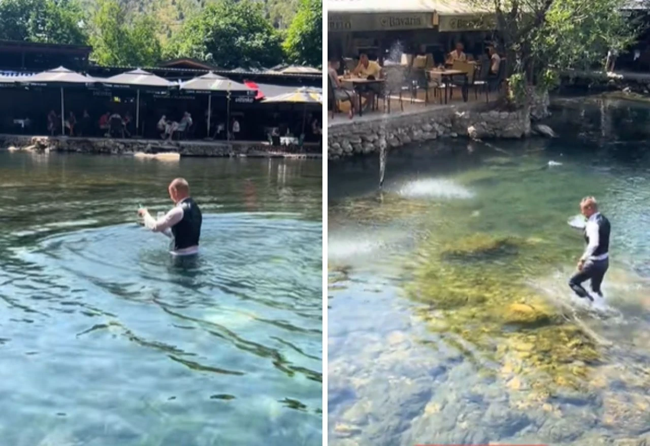 VIDEO | Konobar iz Blagaja postao hit: Skočio u rijeku nakon što je poslužio goste