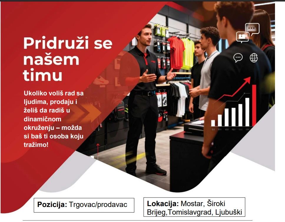 Sport Vision traži trgovce/prodavače u Mostaru, Širokom Brijegu, Tomislavgradu i Ljubuškom