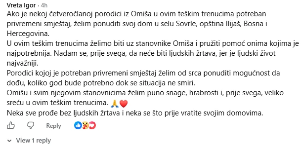 Objava pomoći ljudima koji su ostali bez domova u požaru u Omišu