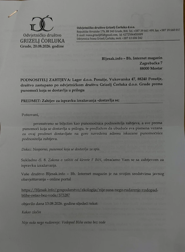 Lager reagirao na članak o vodopadu Blihe