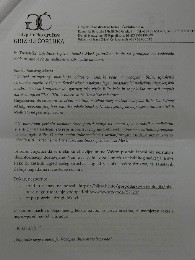 Lager reagirao na članak o vodopadu Blihe