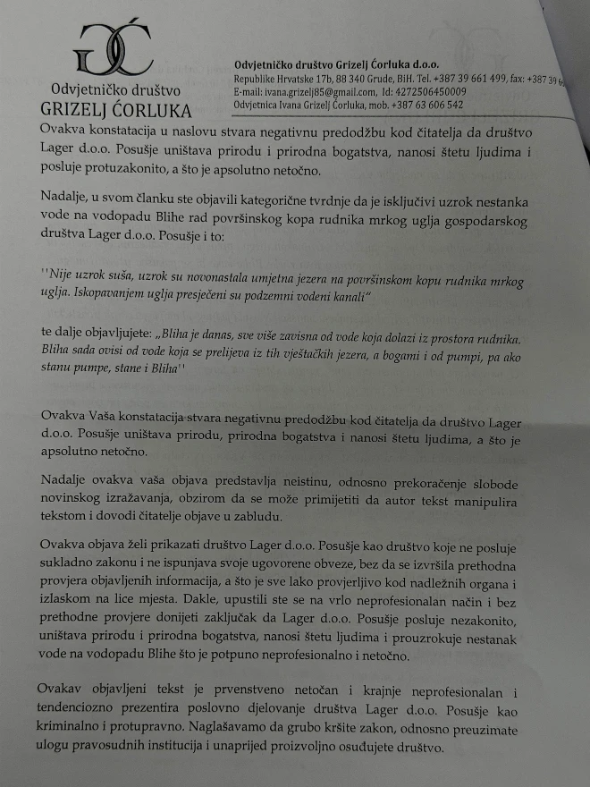 Lager reagirao na članak o vodopadu Blihe