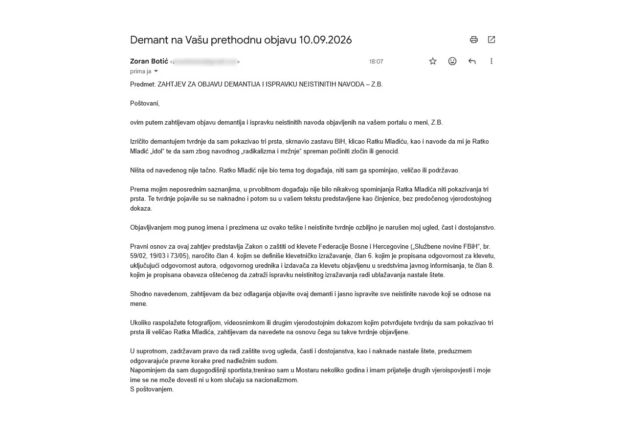 Stigao demanti osobe navedene inicijalima Z. B. - Ništa od navedenog nije točno