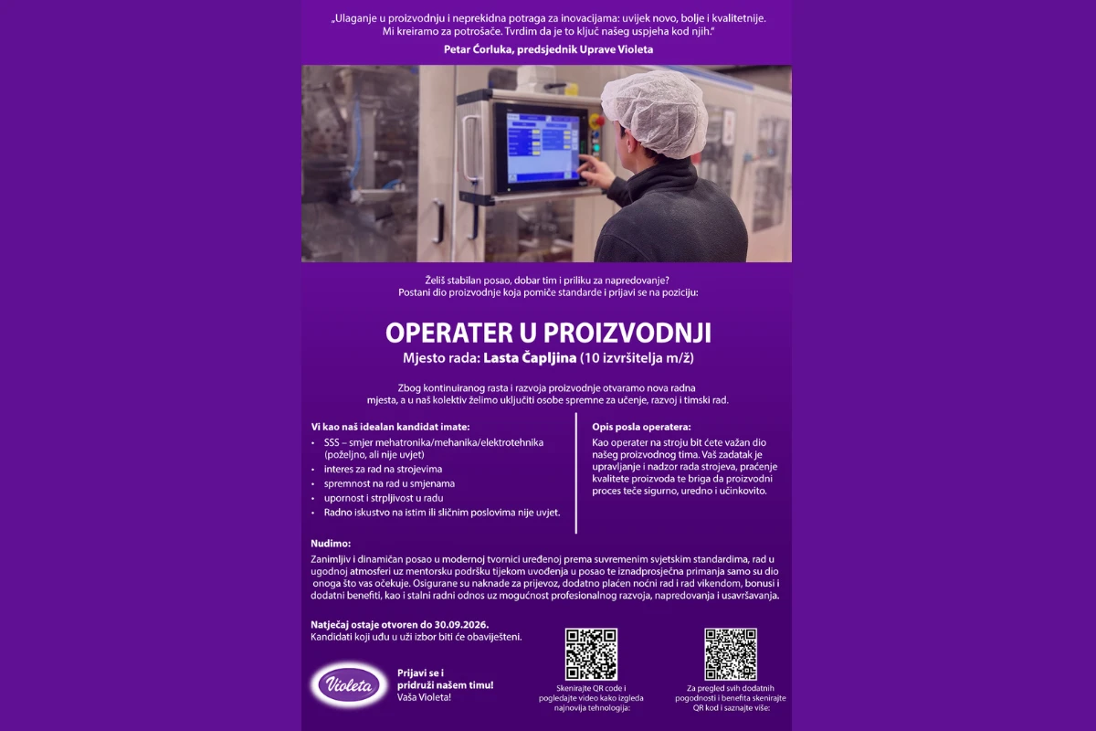 Violeta zapošljava 10 operatera u proizvodnji u Čapljini