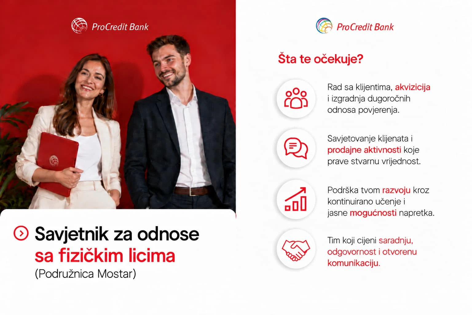ProCredit Bank širi tim u Mostaru: Traži se savjetnik za odnose sa fizičkim licima