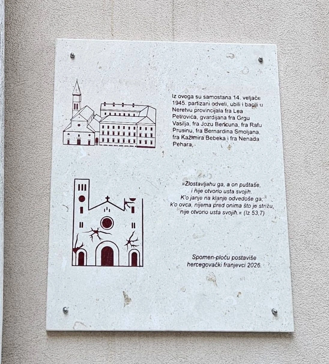 Spomen na sedmoricu fratara: Nova ploča na franjevačkom samostanu u Mostaru