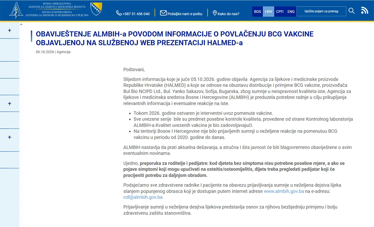 BCG cjepivo u BiH prošlo kontrolu: Od 2020. nije prijavljena nijedna sumnja na nuspojavu
