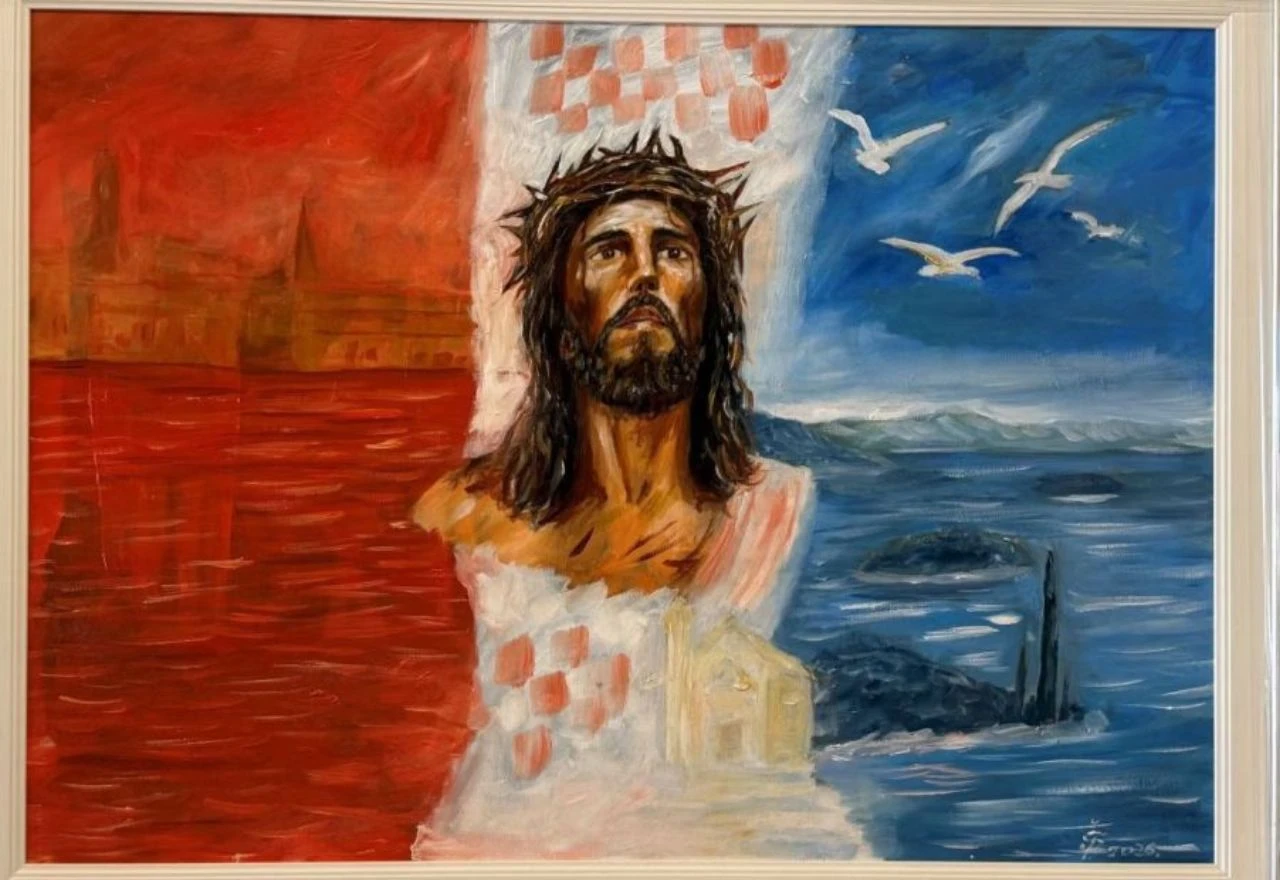 Hrvatski umjetnik u Rimu izložio sliku Isusa Krista s hrvatskom trobojnicom