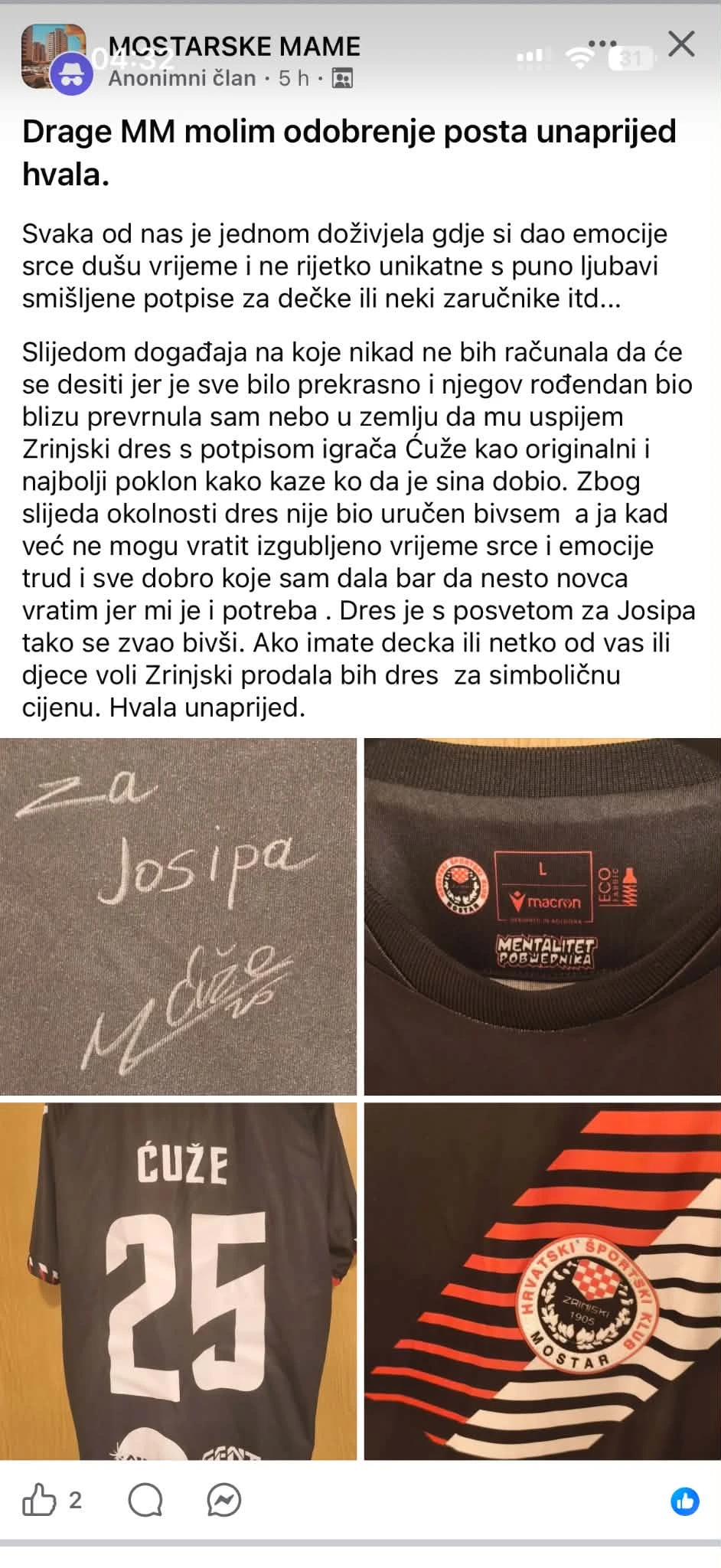 Mostarka prodaje dres Zrinjskog koji je kupila bivšem dečku