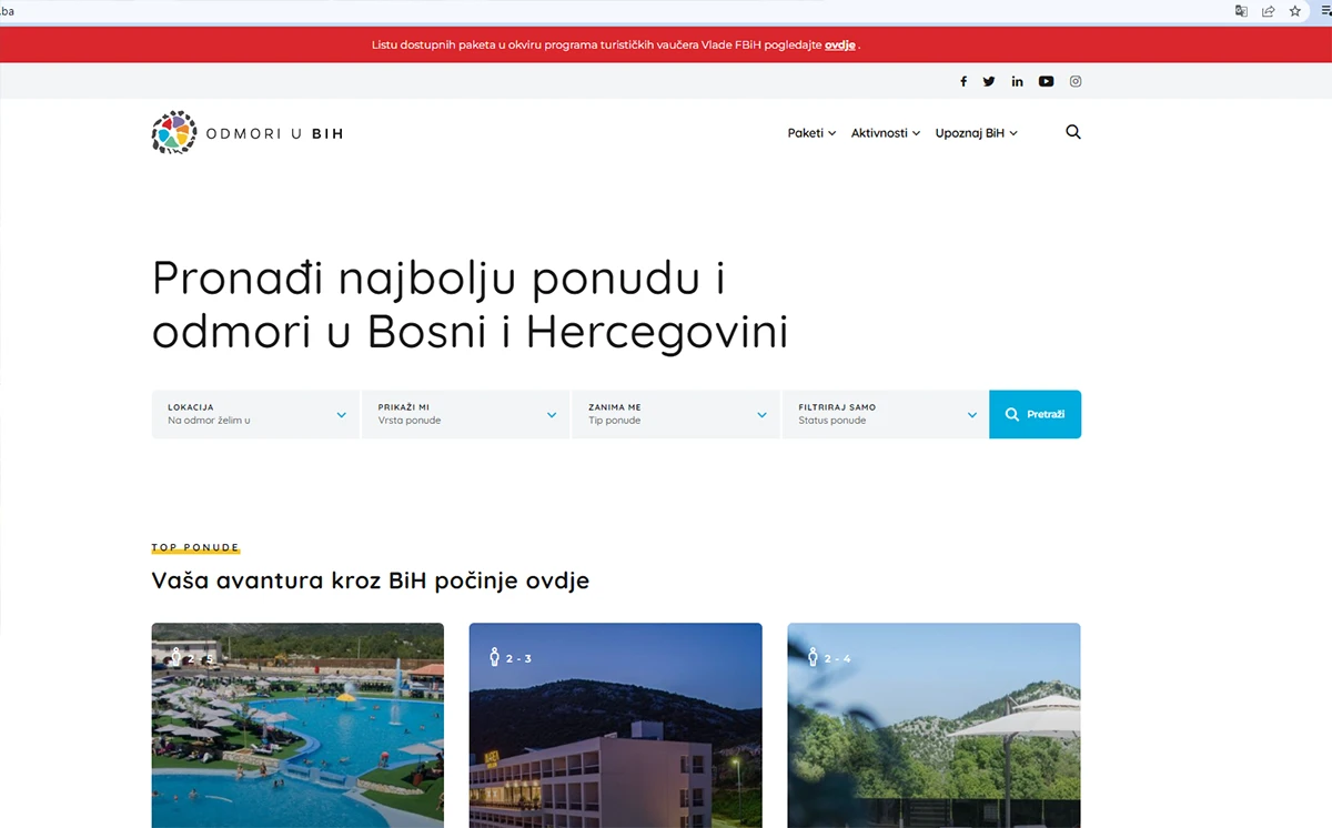Na platformi ''OdmoriuBiH'' prodani svi turistički vaučeri Vlade FBiH