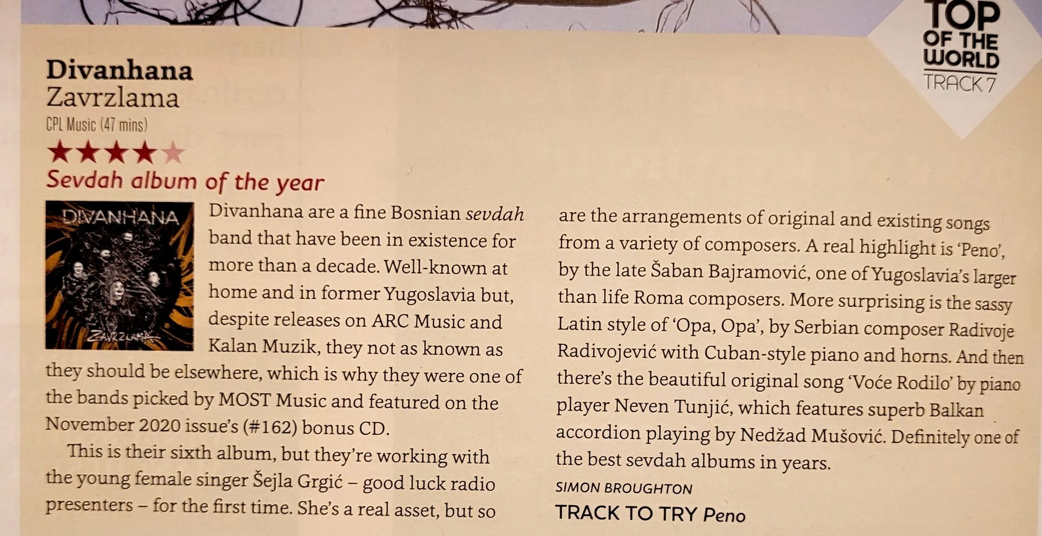 Divanhana s novim albumom ušla u selekciju ''Top of the World'' britanskog Songlines magazina