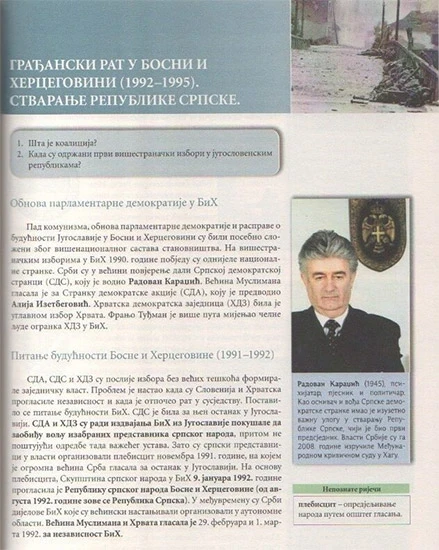 U udžbeniku za 9. razred u RS-u Radovan Karadžić opisan kao pjesnik i psihijatar