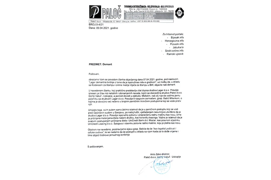Paloč demantira Lager