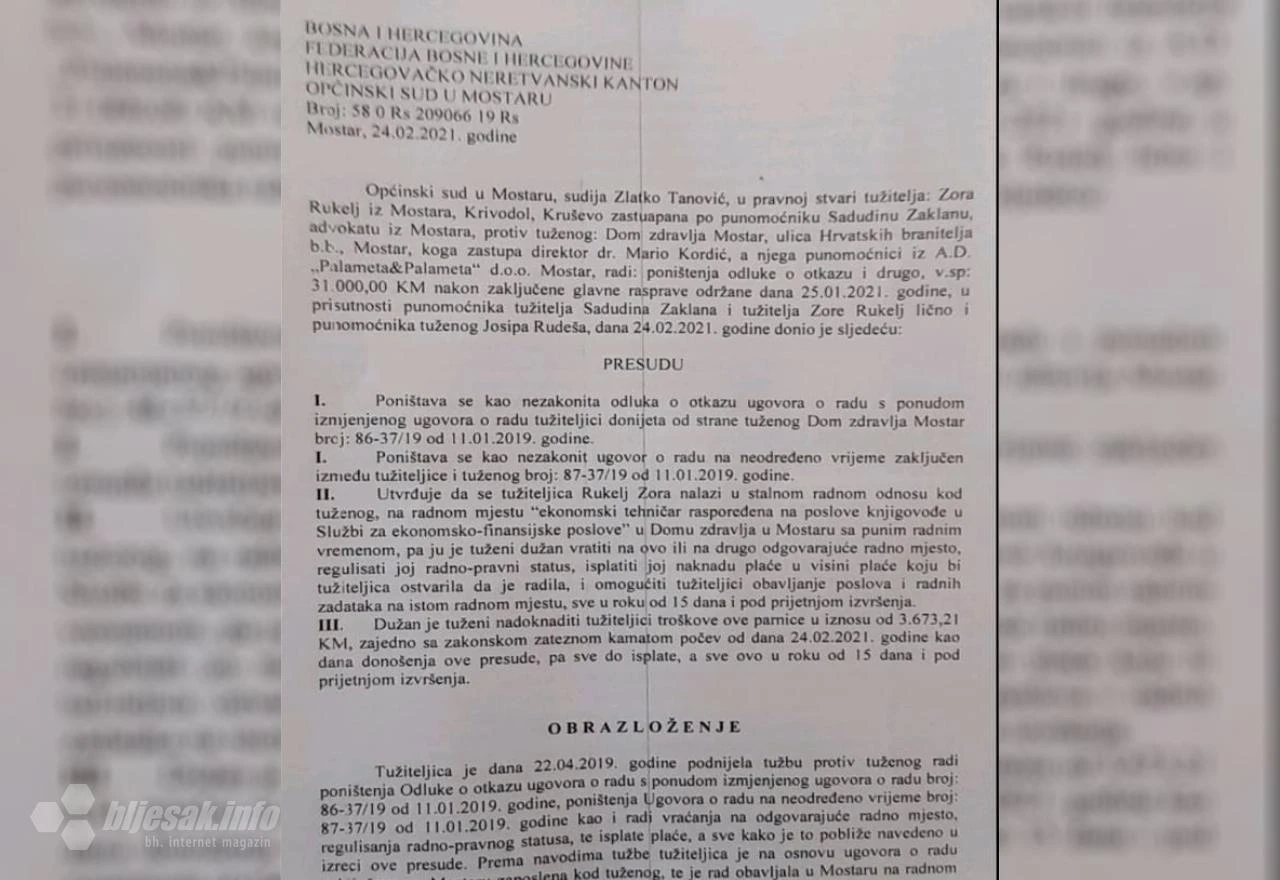 Sud presudio: Kordić nezakonito dao otkaz djelatnici Doma zdravlja
