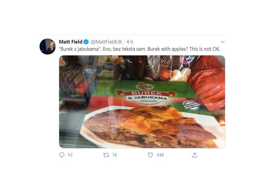#Foodcrime: Matt Field šokiran burekom s jabukama!
