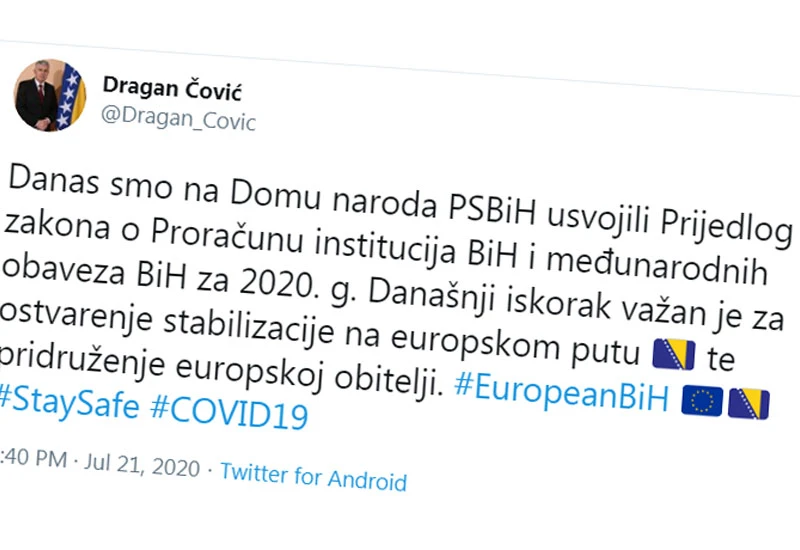 Čović na Twitteru: Ostvarenje stabilizacije na putu ka EU